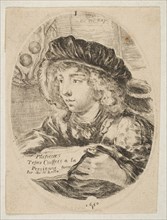 A bust of a young man wearing a cap with feathers, turned three-quarters to the left, the ..., 1650. Creator: Stefano della Bella.