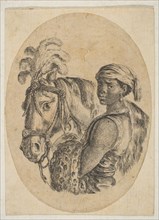 Black slave carries a leopard pelt and holds the bridle of a horse, from 'Several heads..., 1649-50. Creator: Stefano della Bella.