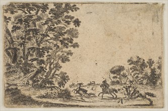 Plate 4: a deer hunt, two horsemen galloping towards the rightbehind three dogs and ..., after 1642. Creators: Stefano della Bella, Unknown.