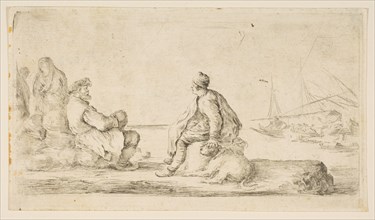 A young sailor and an old man sitting by the sea, 17th century. Creator: Stefano della Bella.