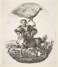 Death on horseback holding a trumpet, from 'The five deaths'