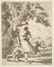 Nymph Holding a Large Dog by the Collar, ca. 1654. Creator: Stefano della Bella.