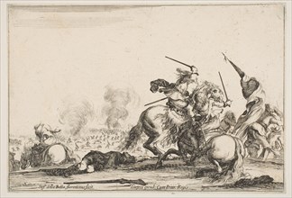 A skirmish, two horsemen battling with swords to the right, men carrying a flag runnin..., ca. 1645. Creator: Stefano della Bella.