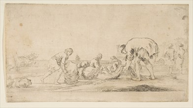 A fisherman bringing in his nets, a man at left pushing a bale to the right, two seate..., ca. 1662. Creator: Stefano della Bella.