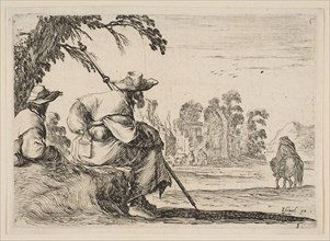 Plate 5: two pilgrims with hats rest to the left, seen from behind, a horseman rides towar..., 1642. Creator: Stefano della Bella.