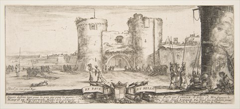 An entrance to a fortress in center, a woman with child seated by a fire to right, sol..., ca. 1641. Creator: Stefano della Bella.