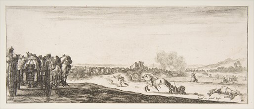 A procession of horse-drawn cannon carriages to left, horsemen in combat and a dead ho..., ca. 1641. Creator: Stefano della Bella.