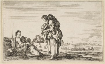 A woman seated to left holding a child, facing right in profile, conversing with a standin..., 1649. Creator: Attributed to Stefano della Bella