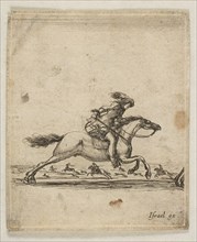 A horseman with sword in hand galloping towards the right, other horsemen galloping..., ca. 1645-46. Creator: Stefano della Bella.
