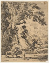 A Nymph Holding a Large Dog by its Collar, ca. 1654. Creator: Stefano della Bella.