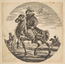 Hungarian horseman riding towards the left, other horsemen in the background, a circular c....n.d. Creator: Johanna Christina Küsel.