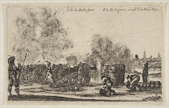 Plate 6: battery of cannons firing on a city, from 'Various Military Caprices' (Varii ..., ca. 1641. Creator: Stefano della Bella.
