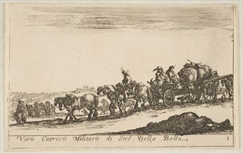 Plate 1: a horse drawn cart carrying people and goods, dead horse in the foreground, f..., ca. 1641. Creator: Stefano della Bella.