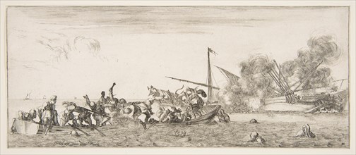 Naval battle, a rowboat filled with people fighting with muskets to left, people drown..., ca. 1641. Creator: Stefano della Bella.