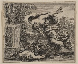 Pyramus et Thisbe, from 'Game of Mythology' (Jeu de la Mythologie), 1644. Creator: Stefano della Bella.