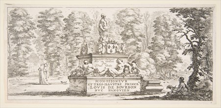 Plate 1: a monument with statues and a coat of arms in the center, a draughstman on th..., ca. 1643. Creator: Stefano della Bella.