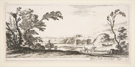 Plate 3: two horsemen crossing a river to right, a woman with two baskets atop a donke..., ca. 1641. Creator: Stefano della Bella.