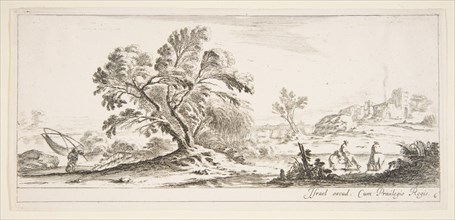 Plate 6: a fisherman carrying a net to left, two horsemen in a stream to right, a tree..., ca. 1641. Creator: Stefano della Bella.
