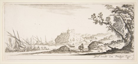 Plate 7: various boats on shore to left, a man carrying a bag, seen from behind and wa..., ca. 1641. Creator: Stefano della Bella.