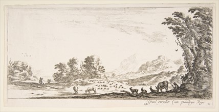 Plate 11: shepherdess seated to the right under a tree, watching her flock to the left..., ca. 1641. Creator: Stefano della Bella.