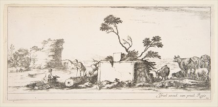 Plate 12: a seated draughtsman to left, a standing shepherd next to him to right, ruin..., ca. 1641. Creator: Stefano della Bella.