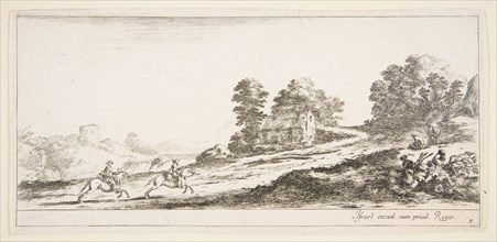 Plate 9: two horsemen at left galloping uphill towards the right, a horse and seated m..., ca. 1641. Creator: Stefano della Bella.