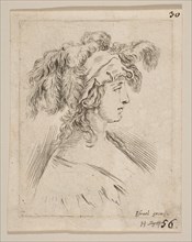 Plate 15: mid-bust of a young woman in profile wearing a hat topped with feathers, fro..., ca. 1649. Creator: Stefano della Bella.