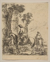 Plate 19: Landscape with a Cavalier Watering His Horse at a Fountain, from 'Various fi..., ca. 1646. Creator: Stefano della Bella.