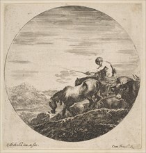 Herdsman on horseback drives animals, from 'Six animal subjects'