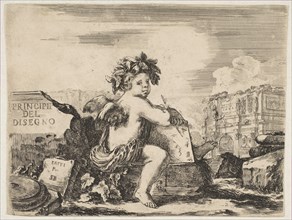 Plate 1: the genius of drawing, a child with wings, seated on a rock in center turn..., ca. 1641-43. Creator: Stefano della Bella.