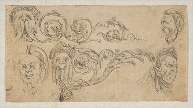 Plate 4: five grotesque heads, from 'Friezes, foliage, and grotesques'
