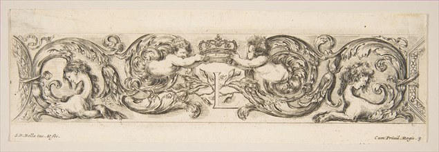 Rinceaux with Two Children Holding a Royal Crown Over the Letter "L," Plate 3 from: 'D..., ca. 1648. Creator: Stefano della Bella.