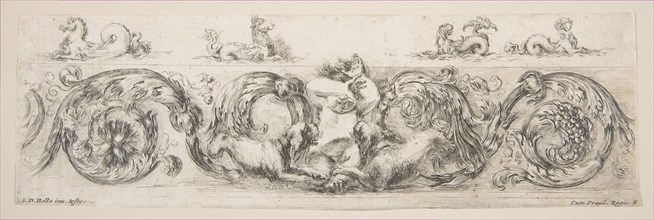 Rinceaux with Child Frightened by Dogs, Plate 8 from: 'Decorative friezes and foliage'..., ca. 1648. Creator: Stefano della Bella.