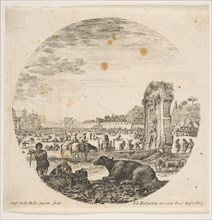 Plate 2: Campo Vaccino, a buffalo and two shepherds in center, the Fontanone to right ..., ca. 1646. Creator: Stefano della Bella.