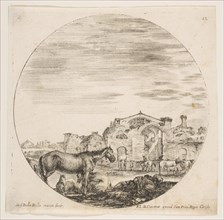 Plate 12: a shepherd sleeping on the ground at right, three horses at left, other hors..., ca. 1646. Creator: Stefano della Bella.