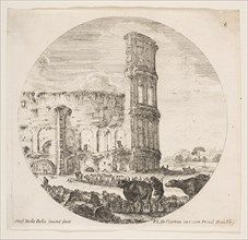 Plate 8: the Colosseum, two herds being directed towards the amphitheater in the foreg..., ca. 1646. Creator: Stefano della Bella.