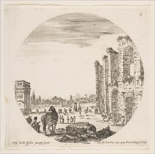 Plate 9: the Arch of Constantine at left, part of the Colosseum at right, various hors..., ca. 1646. Creator: Stefano della Bella.