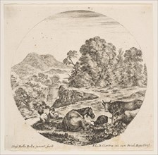 Plate 10: a horse lying down at center, a cow and two goats at right, two seated sheph..., ca. 1646. Creator: Stefano della Bella.