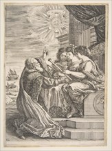Galileo and personifications of Astronomy, Perspective and Mathematics, frontispiece for '..., 1656. Creator: Stefano della Bella.