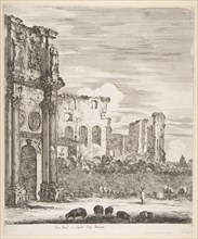 Arch of Constantine and Colosseum with sheep grazing in foreground, from 'Six large views..., 1656. Creator: Stefano della Bella.