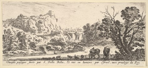 A waterfall descending from the mountains in the center background, various animals an..., ca. 1641. Creator: Stefano della Bella.