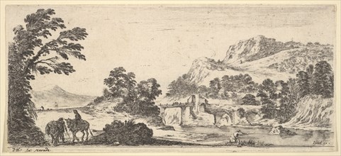 A mule carrying a woman and a peasant walking with a mule to left, a fisherman to righ..., ca. 1641. Creator: Stefano della Bella.