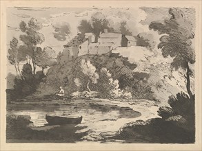 Hilly River Landscape, a Boat in the Water at Foreground Left, a Figure on the Far Shor..., 1783-84. Creator: Thomas Rowlandson.