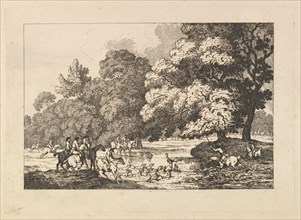 Deer Hunting - A Landscape Scene with Stag and Hounds in a River, 1787. Creator: Thomas Rowlandson.