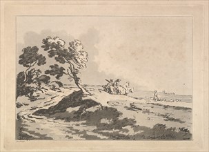 Open Landscape with Three Horsemen in the Middle Distance Heading to the Right, Windblo..., 1784-88. Creator: Thomas Rowlandson.