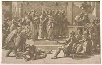 The death of Ananias, surrounded by Apostles, 1518. Creator: Ugo da Carpi.