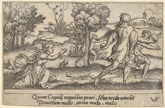 Atalanta and Hippomenes, in the foreground Atalanta kneeling to pick up an apple an..., ca. 1535-62. Creator: Virgil Solis.