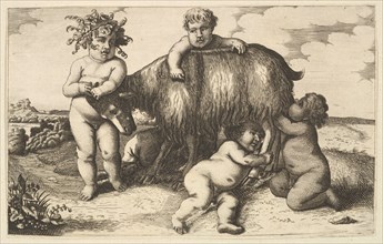 Four boys, a young satyr, and a goat (copy in reverse), 17th century (?). Creator: Wenceslaus Hollar.