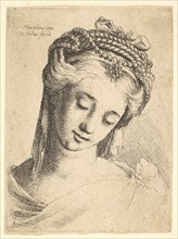 Bust of a young woman with elaborate headdress, looking down., 1625-77. Creator: Wenceslaus Hollar.
