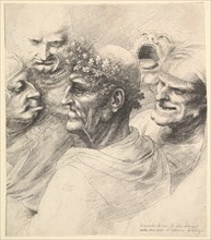 Five grotesque heads, including an elderly man with an oak leaf wreath, 1646. Creator: Wenceslaus Hollar.